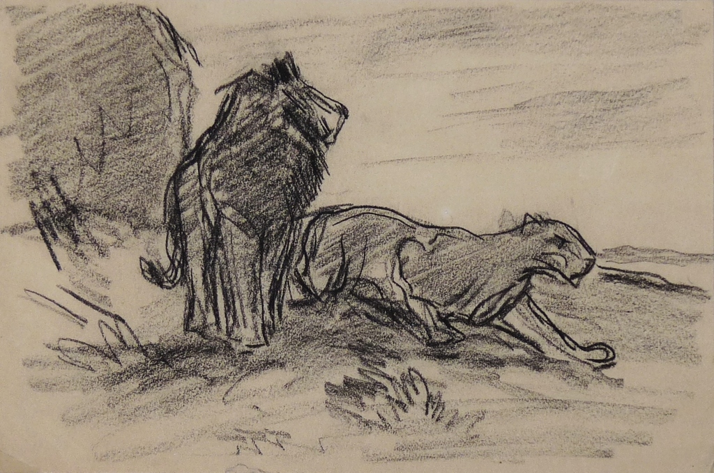 Jan van Essen, Tekening, Leeuw en leeuwin verkocht voor € 35!