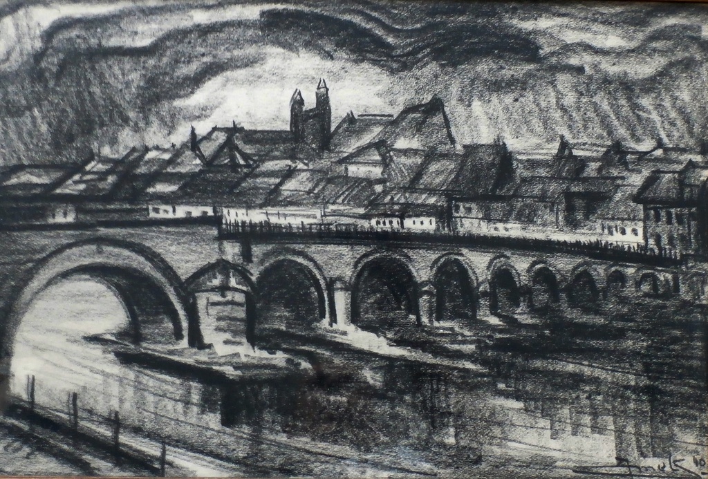 Jacques Mels - grote ingelijste houtskooltekening: Maasbrug - Maastricht - 1940 verkocht voor € 75!