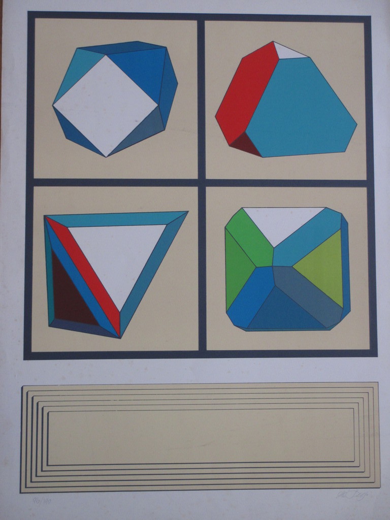 Lucio del Pezzo, Geometrische vormen, Kleurenzeefdruk verkocht voor € 75!