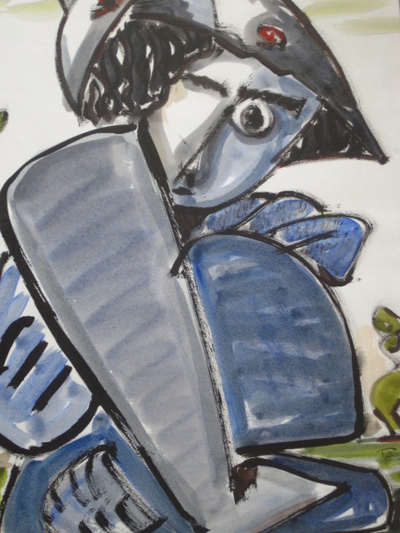 karakteristiek Quintus Jan Telting aquarel "Knipoog" 1989 Suriname gesigneerd verkocht voor € 100!