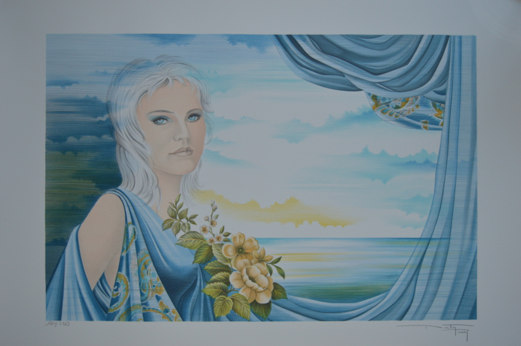 Pierre Bertin: 'Femme avec fleurs', grote kleurenlithografie, handgesigneerd kopen? Bied vanaf 1!