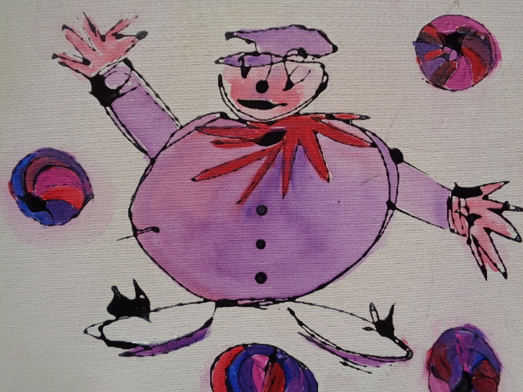 KUNSTENAAR ONBEKEND, CIRCUS JONGLEREN, acrylverf op doek, ONBEKENDE SIGNATUUR kopen? Bied vanaf 1!
