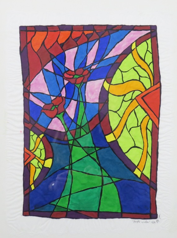 Piet Quekel: Gouache op rijstpapier, Purple window - Ingelijst kopen? Bied vanaf 1!