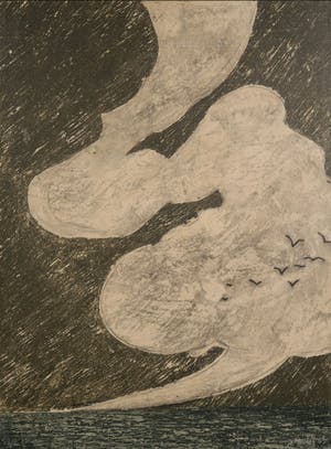 Niet of onleesbaar gesigneerd - Ets op papier op board, Donker land met wolken kopen? Bied vanaf 1!