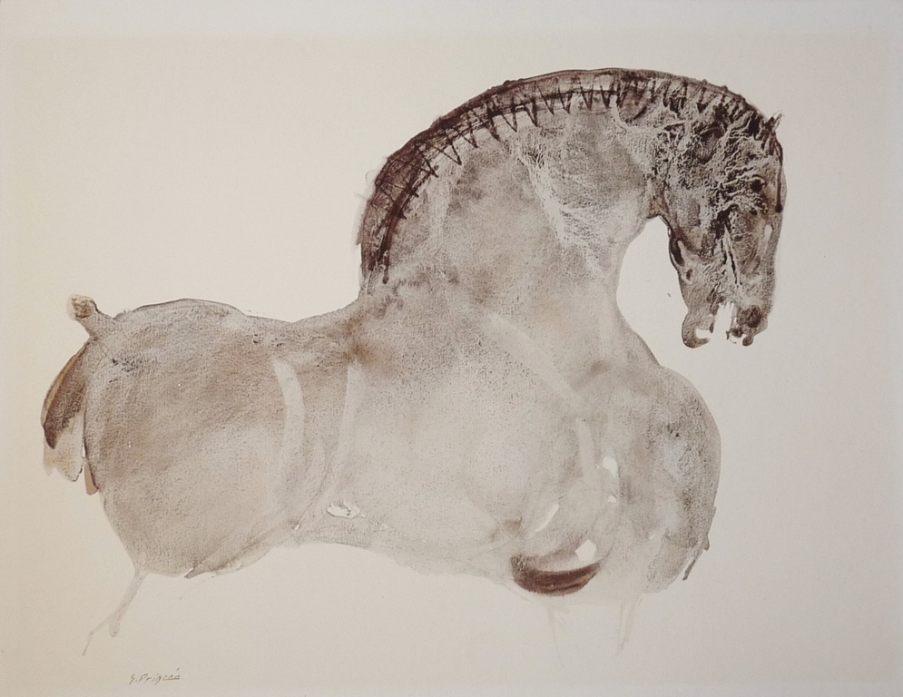 Gerard Princee, Inkttechniek op papier op board, Paard   verkocht voor € 225!