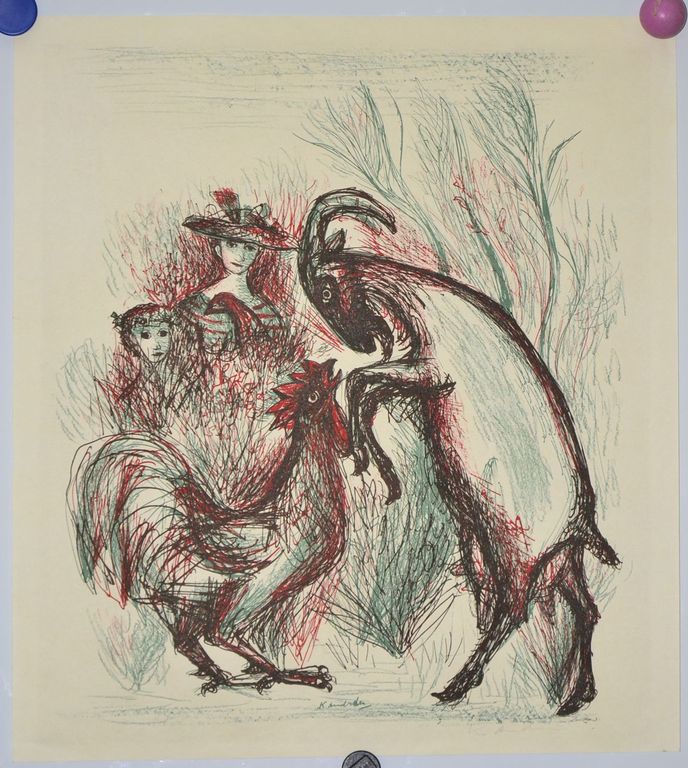 Kees Andrea, Litho. Bok en haan. verkocht voor € 40!