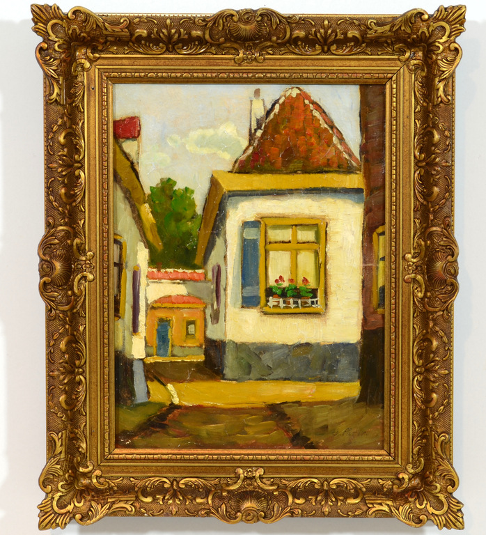 A C W Terhell(1863-1949) - Stadsgezicht - "Oud Woonhuis met Bloemen in Venster". kopen? Bied vanaf 70!