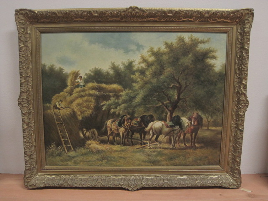 draagt signatuur van W.C. Nakken - groot olieverf/doek "Hooiboeren" verkocht voor € 45!