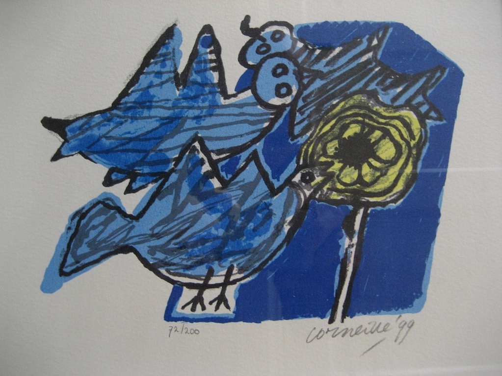Corneille: 'Vogels met bloem' (Zeefdruk, handgesigneerd, ingelijst) kopen? Bied vanaf 220!