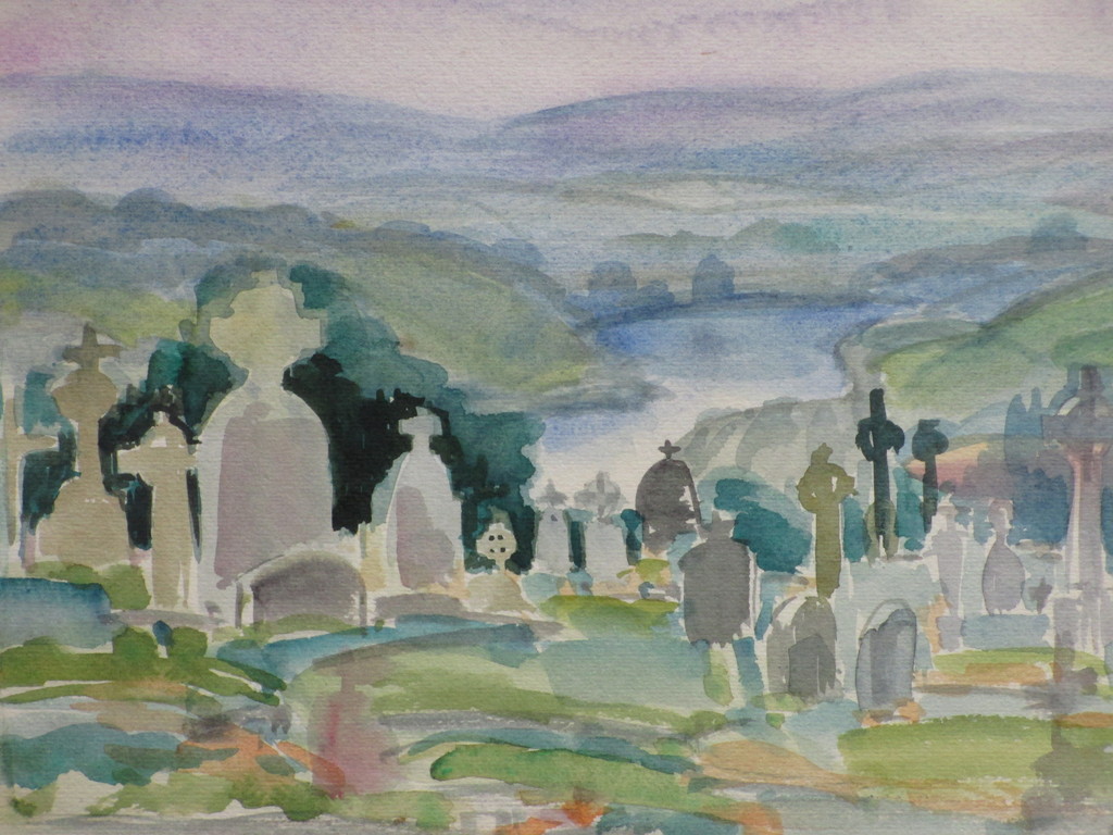 Hannie Bouman, Kerkhof Strabane Ierland, Aquarel kopen? Bied vanaf 1!
