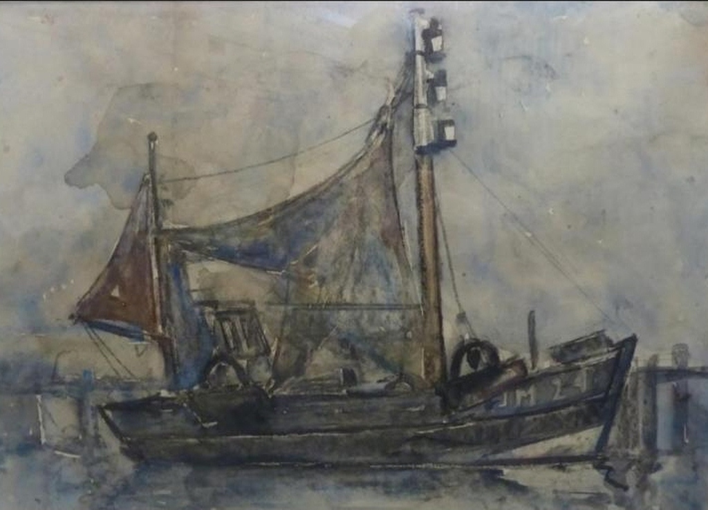 FRANS VERPOORTEN aquarel vissersboot IJM 24 (IJmuiden) (Heyboer) verkocht voor € 45!