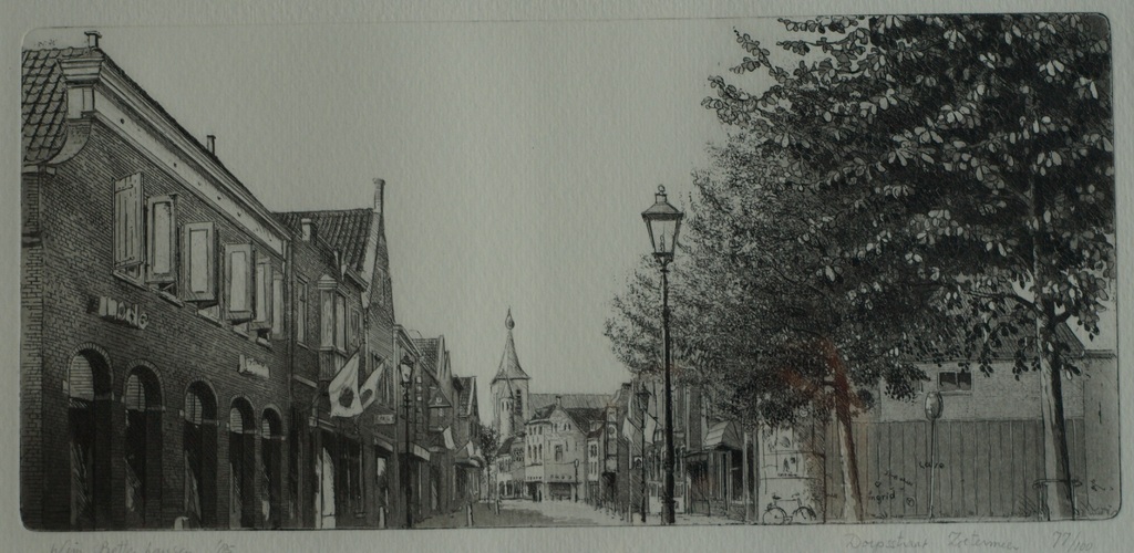 Wim Bettenhausen : Ets , Dorpshuis Zoetermeer – ingelijst – 1985 verkocht voor € 55!