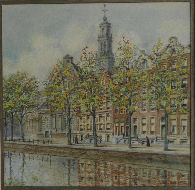 Onbekend, gesigneerd : Gouache/aquarel, Westertoren Amsterdam – ingelijst- 1943  verkocht voor € 55!