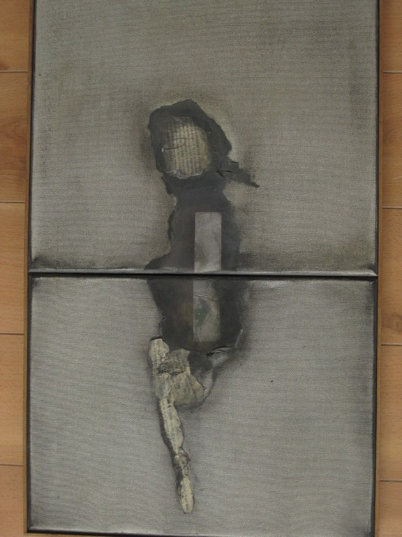 intrigerende abstracte collage/gem.techniek gesigneerd "Maya 2002" Spanje  verkocht voor € 101!