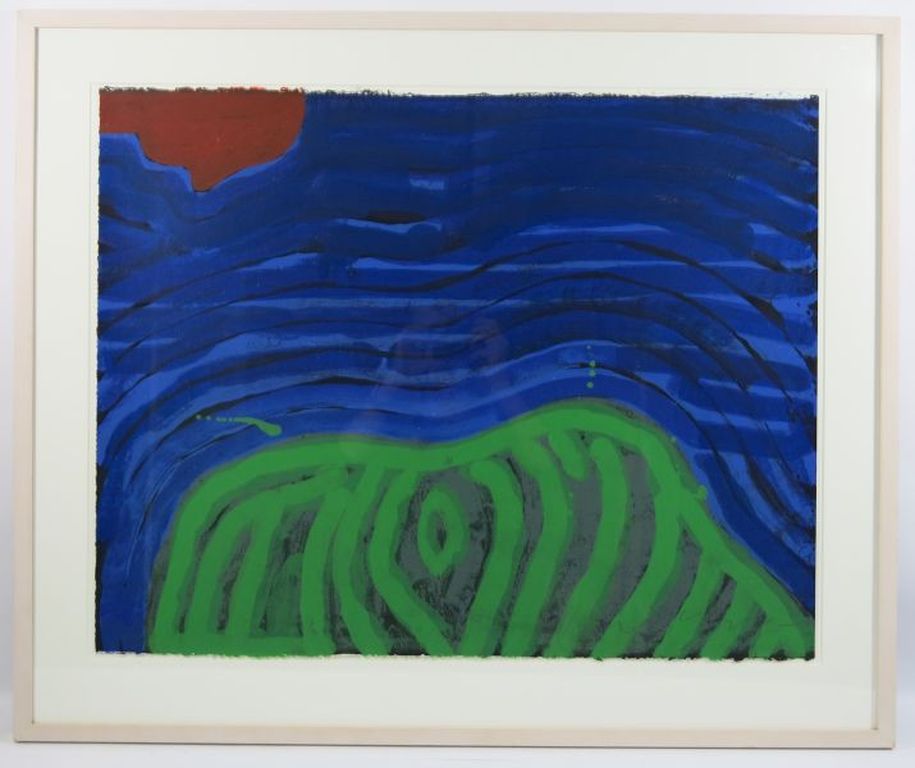 Dodog Soeseno: Kleurenlitho, Mountains of Joy groen - Ingelijst kopen? Bied vanaf 50!