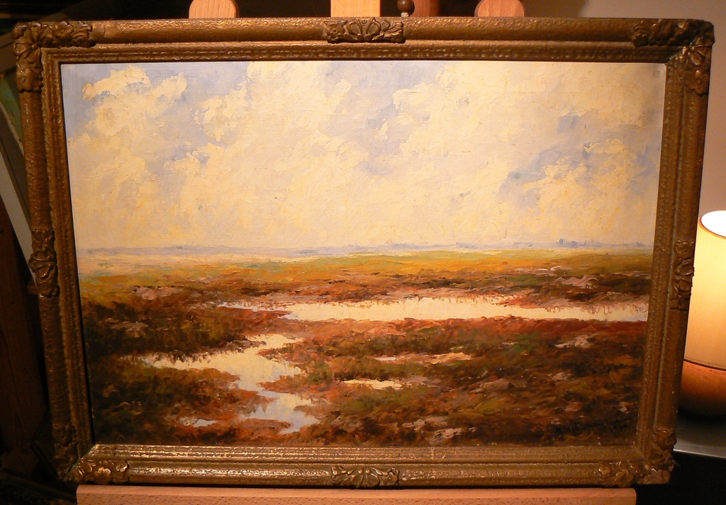 Onduidelijk gesigneerd  --  olieverf op doek  --  landschap verkocht voor € 60!