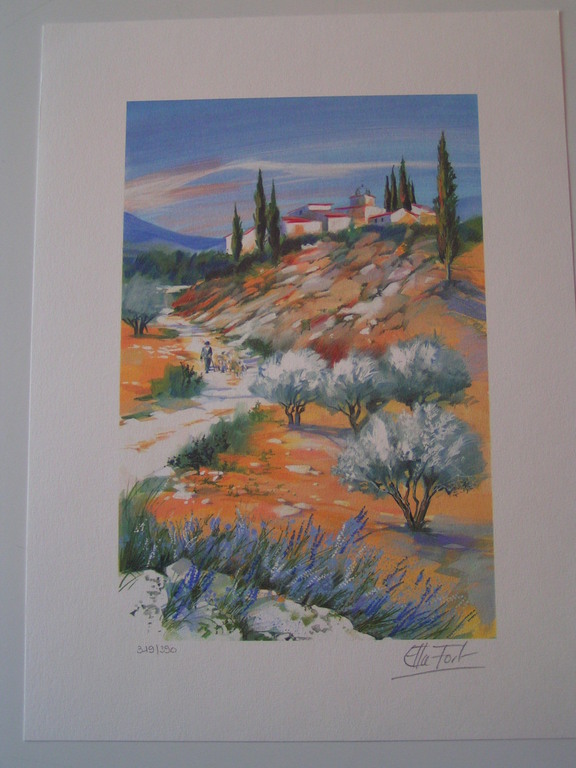 Ella Fort "Landschap met een dorp, olijfbomen en een schaapskudde" - Provencaals landschap kopen? Bied vanaf 10!