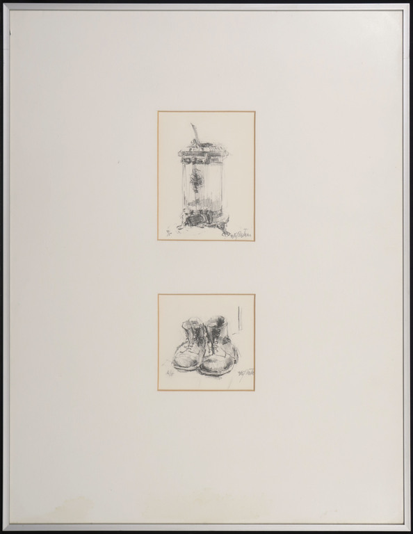 Onbekend gesigneerd: Litho, Kachel en schoenen - Ingelijst kopen? Bied vanaf 1!