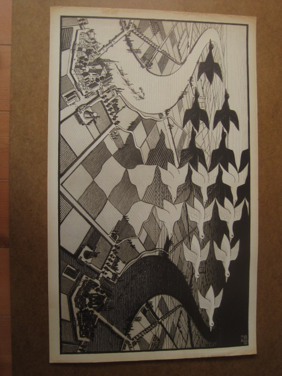 M.C.Escher1898-1972 oude lithografie "Dag en Nacht 1938" Oudekerk a/d Amstel verkocht voor € 180!