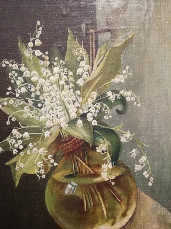 onbekend kunstenaar - olieverf op eiken paneel - meiklokjes - 1910 verkocht voor € 50!