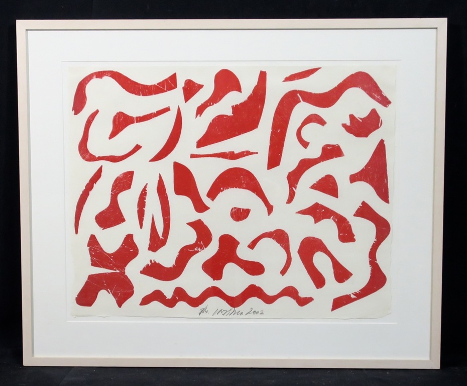 Carel Visse: Houtsnede, Zonder titel (rood) - Ingelijst verkocht voor € 100!