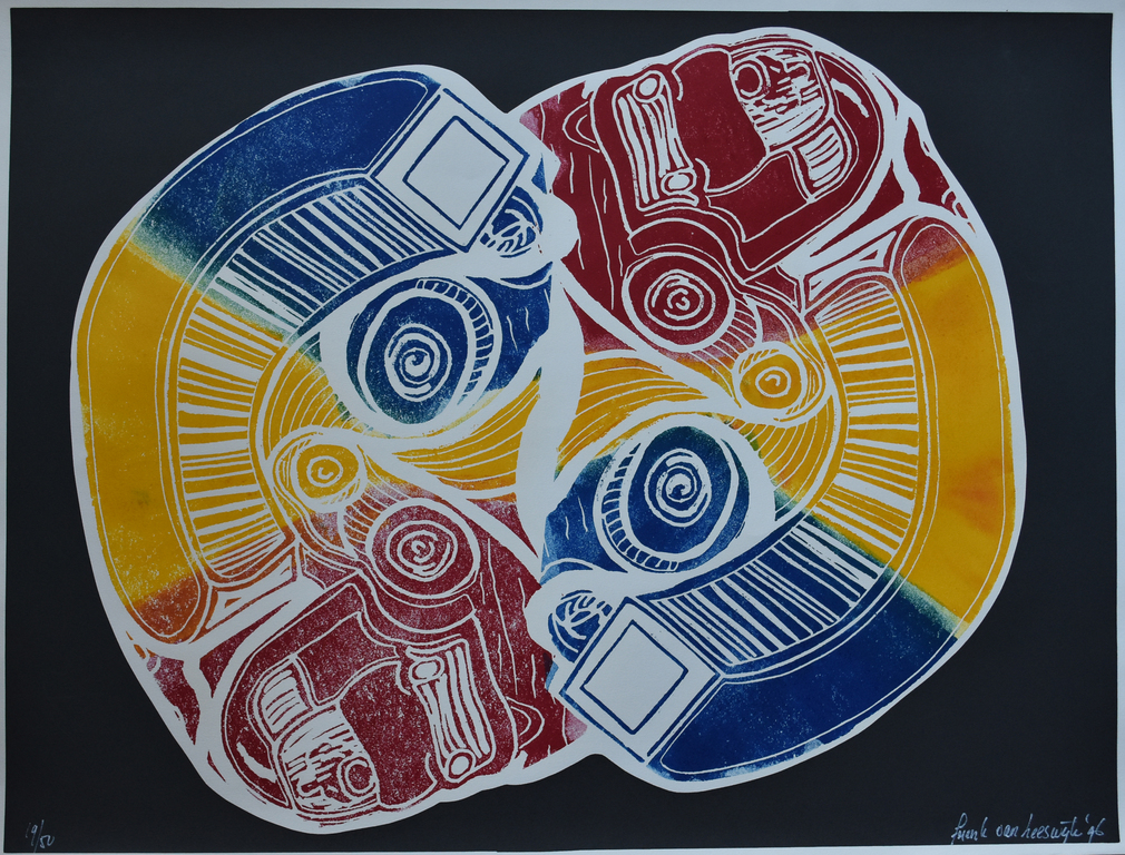 Frenk van Heeswijk, Linosnede # TWEE VRACHTAUTOS # 1996, mint- verkocht voor € 39!