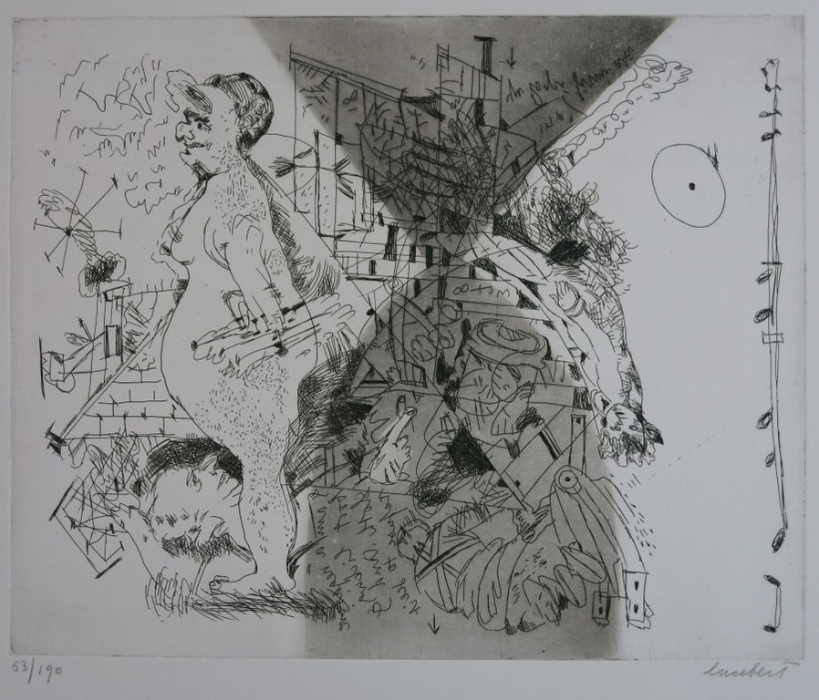 Lucebert: Ets en aquatint, De lof der vetzucht verkocht voor € 200!