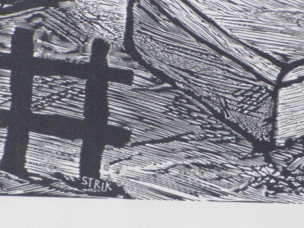 Lou Strik, Dorpsgezicht met hooibergen, Houtsnede kopen? Bied vanaf 1!