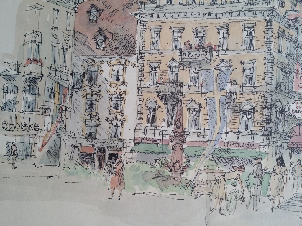 Onbekend. Aquarel en pen. Stadsgezichten 2x kopen? Bied vanaf 1!