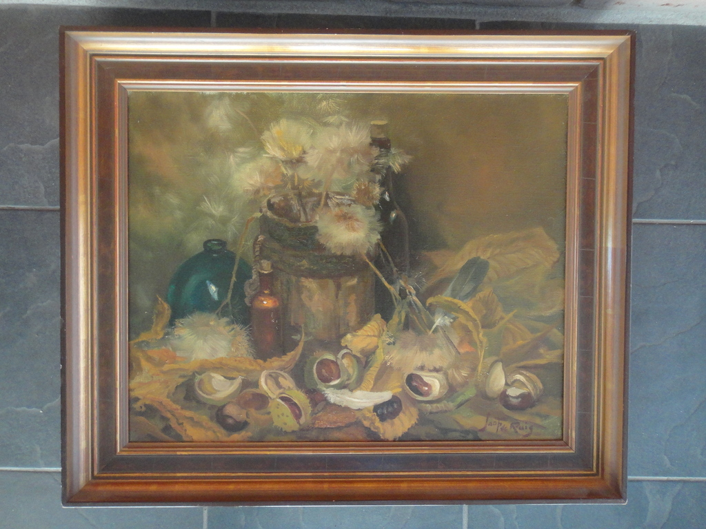 Jaap de Ruig, olieverf op doek, stilleven met o.a. distel en wilde kastanjes kopen? Bied vanaf 1!