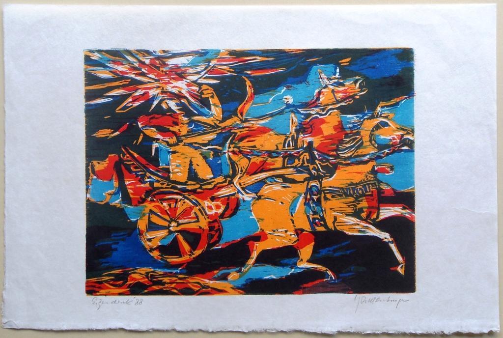 Jan Mensinga:strijdwagen met paarden (kleurenhoutsnede) verkocht voor € 41!