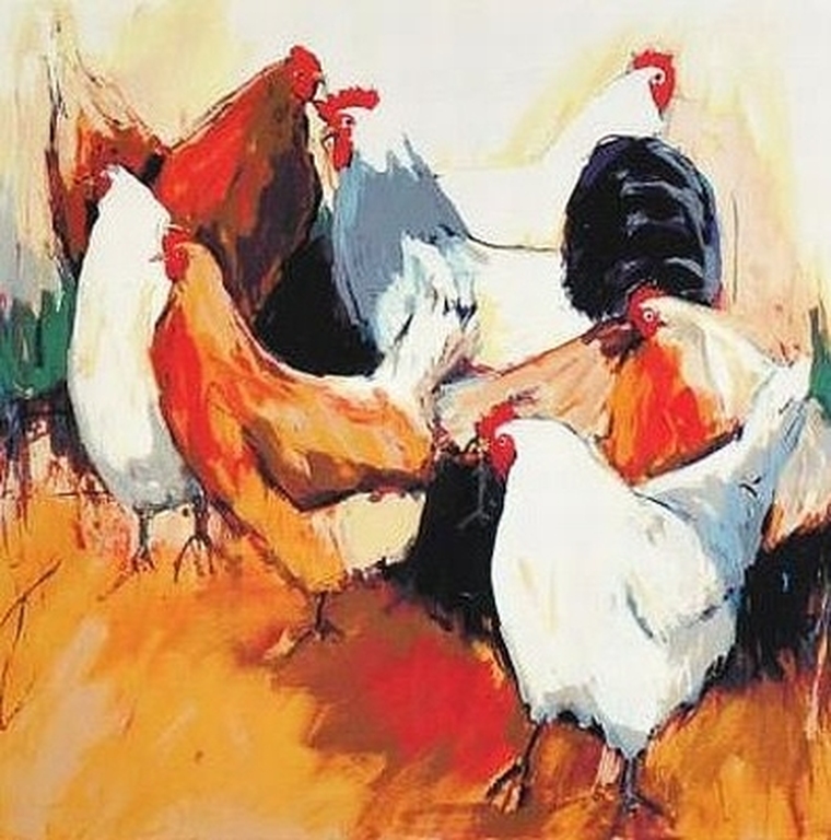 GERDA ELFRING Grote Zeefdruk KIPPEN Handgesigneerd verkocht voor € 125!