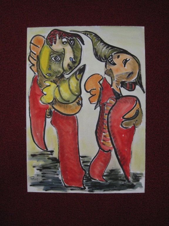 Mooie Quintus Jan Telting 1931-2003 grote gesigneerde Gouache "Life Dancers"  kopen? Bied vanaf 1!