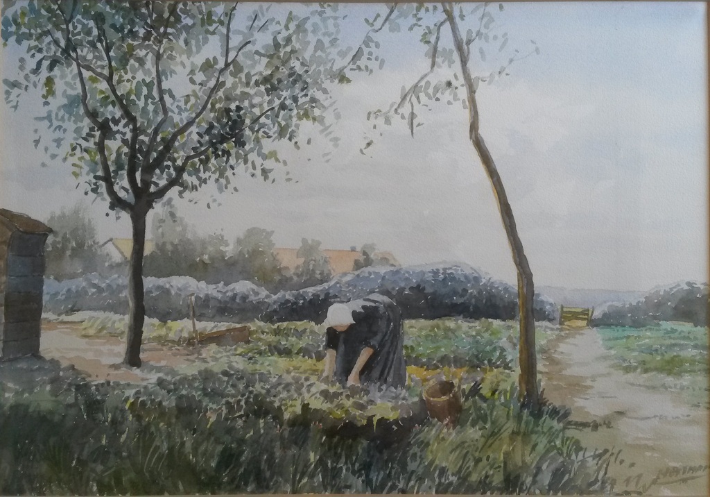 W.H. (Willem) Heytman (1950), Boerin in bloemenveld, aquarel op papier, gesign. kopen? Bied vanaf 85!