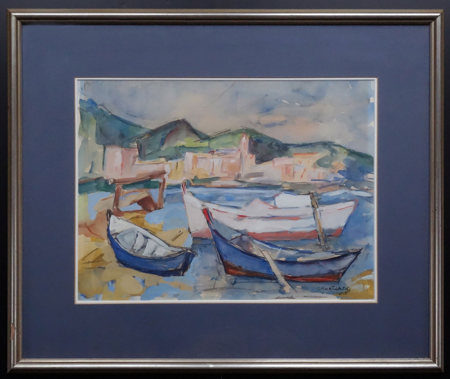 Cees Kortlang Aquarel uit 1958. Franse kustplaats met vissersbootjes. verkocht voor € 200!