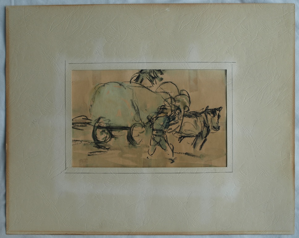 Onduidelijke signatuur : Aquarel / pasteltekening - Boerenkar – ca 1900 kopen? Bied vanaf 25!
