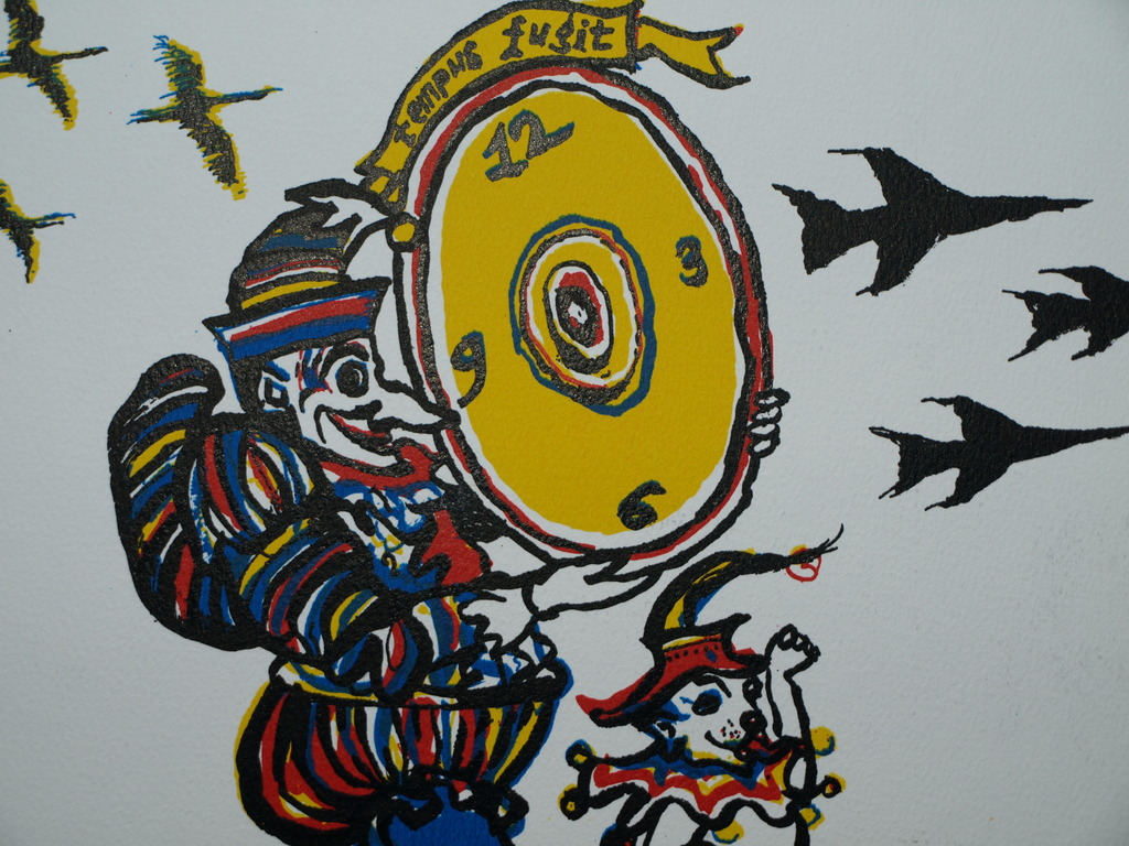 Aat Veldhoen (1934) – Zeefdruk op karton – Tempus Fugit – De tijd vliegt  kopen? Bied vanaf 40!