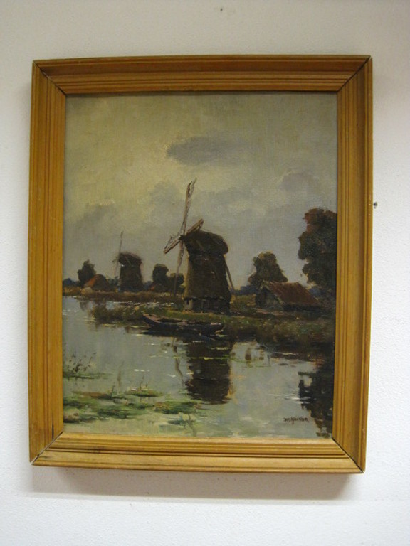 Aris Knikker 1887-1962 "Molens in polderlandschap" gesigneerd ca. 1930 verkocht voor € 125!