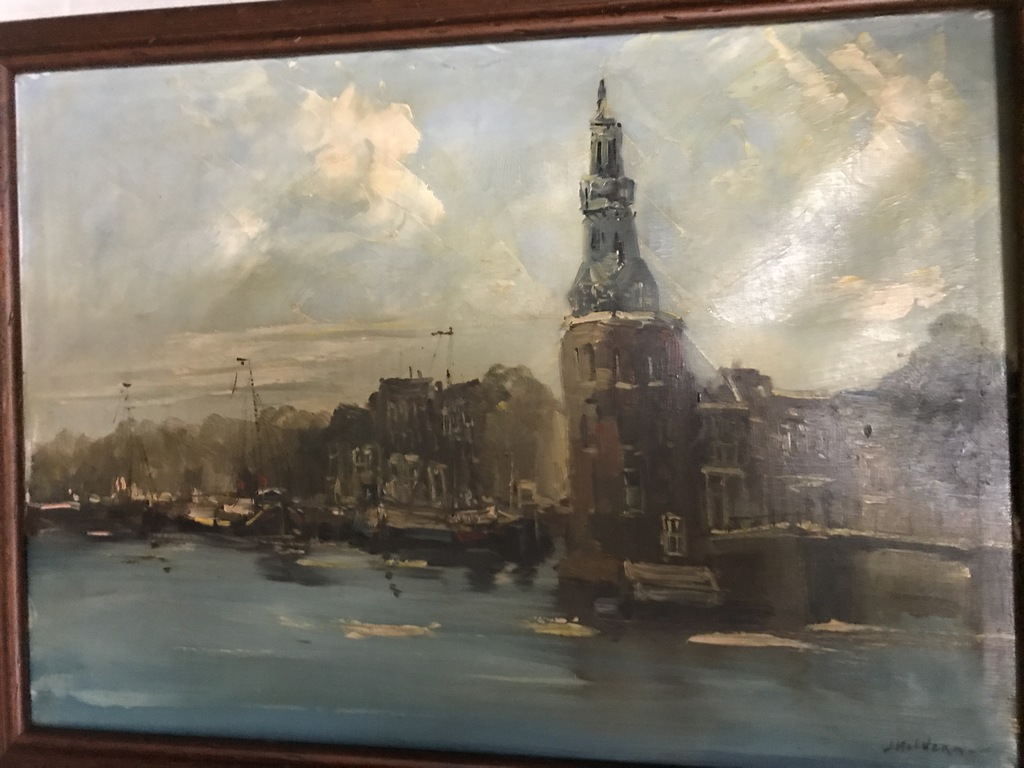 Jan Kelderman ( 1914 - 1990 ) - Olieverf op doek - Stadsgezicht Amsterdam verkocht voor € 90!