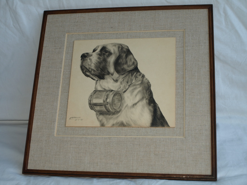 Onduidelijke signatuur : Tekening ,  St Bernardshond – ingelijst - 1962 kopen? Bied vanaf 1!
