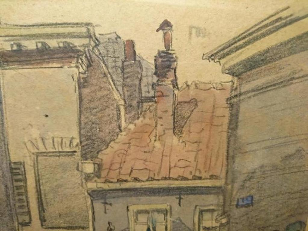 Onbekende Kunstenaar - Aquarel/Houtskool op board - Straattafereel zonder titel. kopen? Bied vanaf 1!