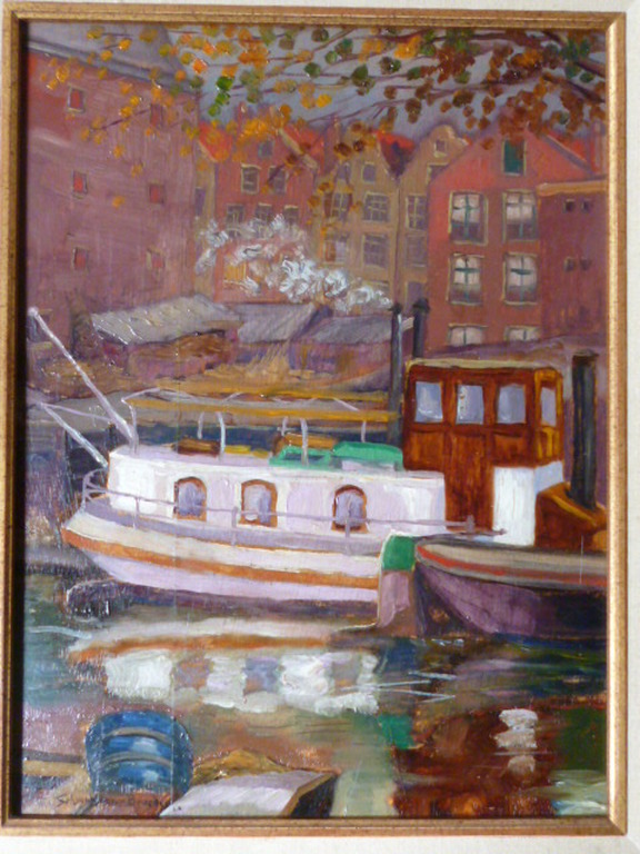 Willy van Schoonhoven van Beurden - olieverf - Schuiten in de Uilenburgergracht verkocht voor € 350!