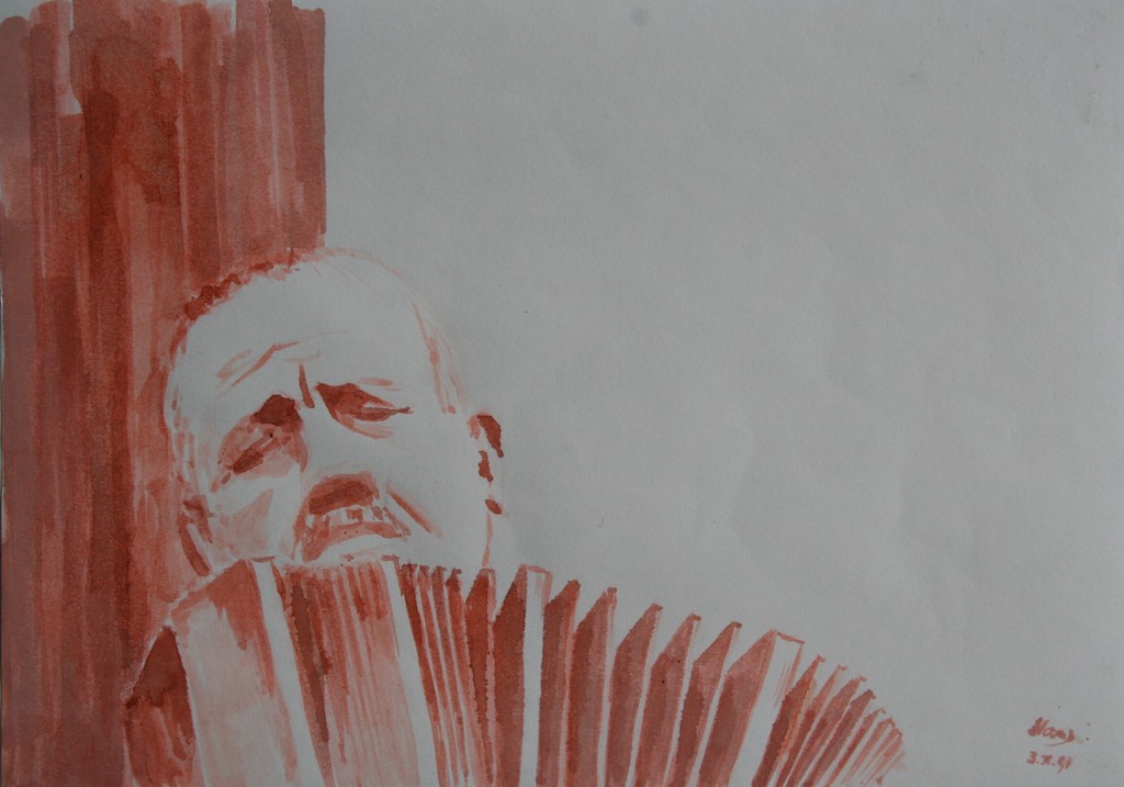 Kunstenaar onbekend - aquarel op papier - harmonicaspeler - gesigneerd kopen? Bied vanaf 1!