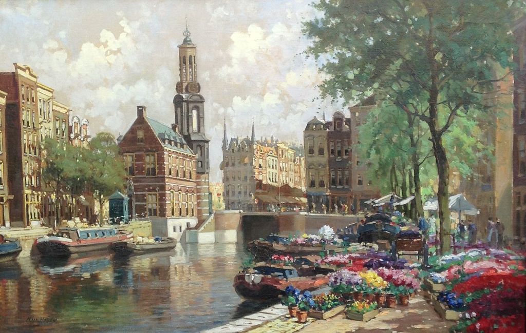 H. ten Hoven, olie op doek, Bloemenmarkt te Amsterdam verkocht voor € 500!