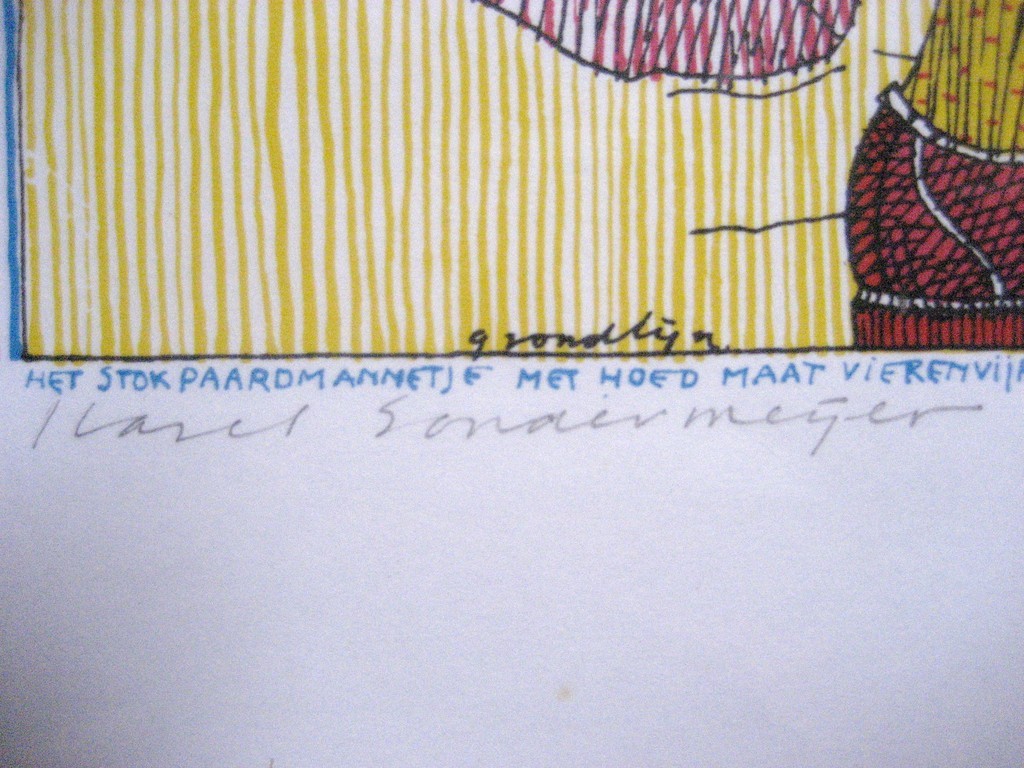 Carel Sondermeyer.-Het Stokpaardmannetje-  Zeefdruk. 1982. Gesigneerd. Ingelijst kopen? Bied vanaf 75!