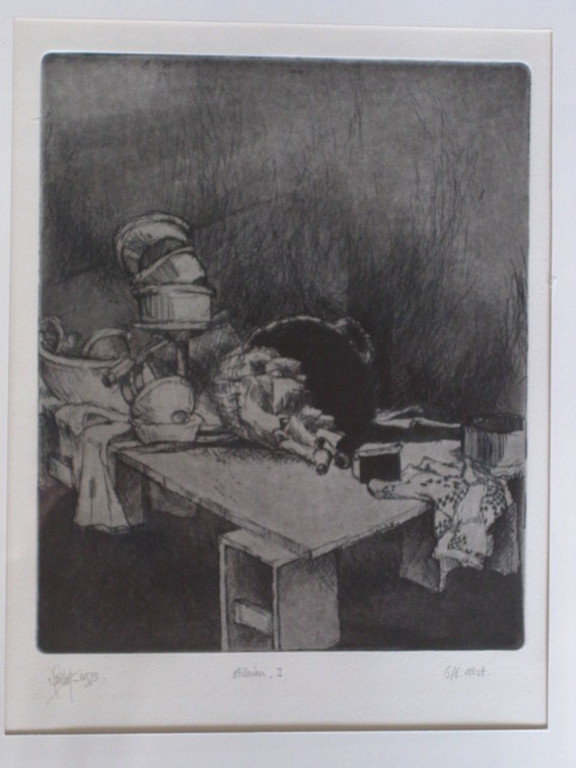 Gesigneerde kleine oplage (6 van 6) ets  "keukenstilleven" 1973 kopen? Bied vanaf 1!