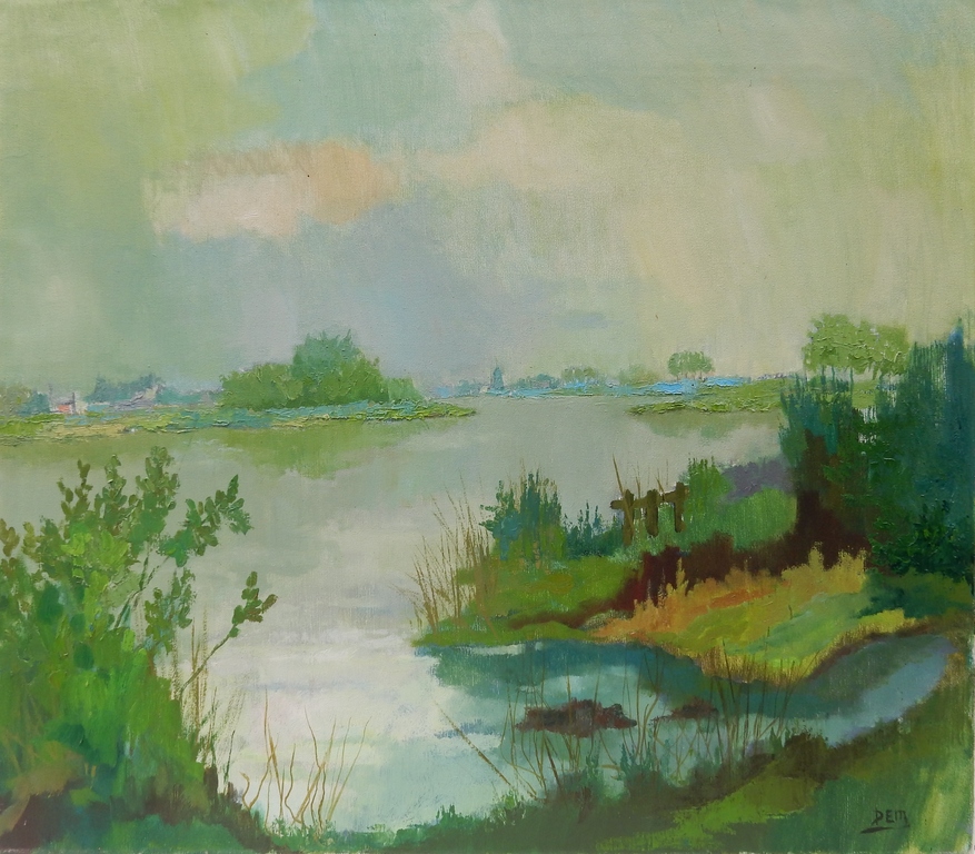 Hollands landschap / Plassengezicht - Olieverf op doek - Monogram kopen? Bied vanaf 1!