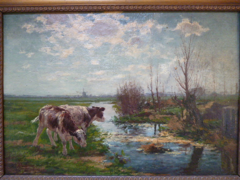 Dirk Johannes van Haaren - olieverf -  Landschap met koeien verkocht voor € 200!
