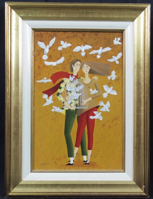 Carole B. Perret: Olieverf op board, Tortelduiven - Ingelijst verkocht voor € 85!