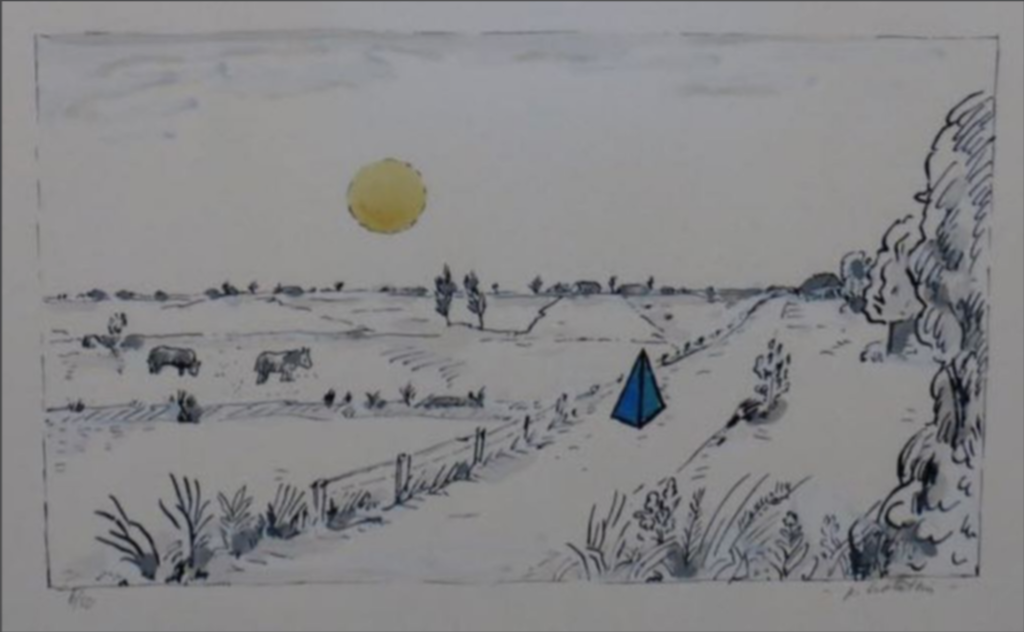 Pieter Holstein: Handgekleurde ets, Landschap met blauwe piramide kopen? Bied vanaf 1!